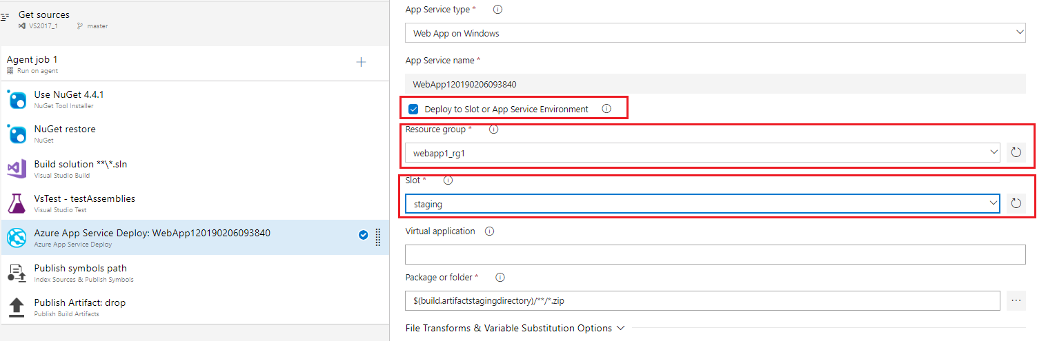 Screenshot of Azure App Service Deploy: WebApp1.... task with the deploy to slot..checkbox, resource group and slot fields highlighted